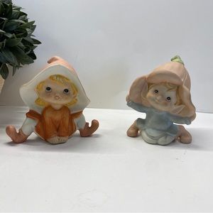 Vintage Homco Pixie Elf Fairy Ceramic Figurines 5615 - Set of 2 Elves Fairies